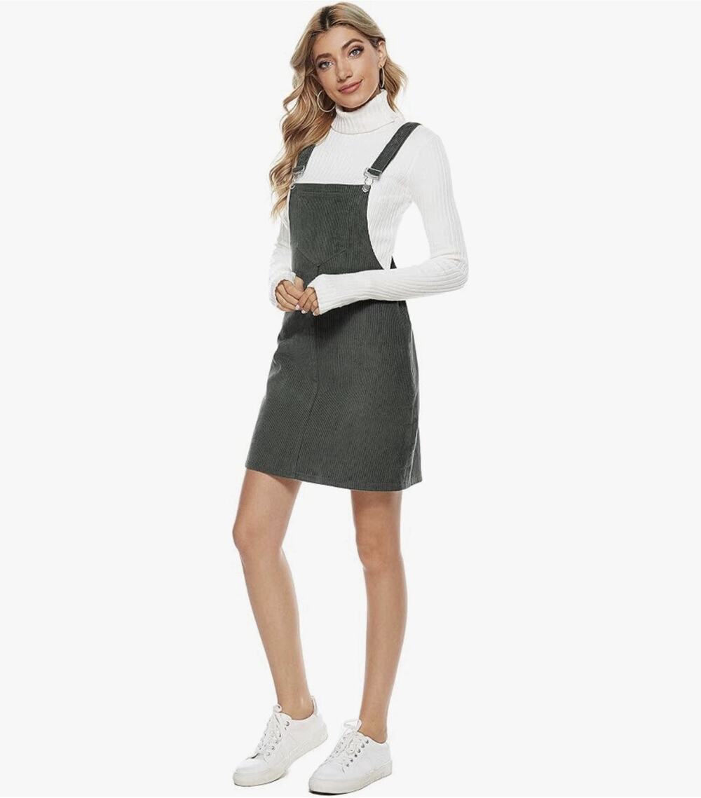 Cupshe Women's Gray Corduroy Pinafore Bib A-Line Square Neck Dress S Short